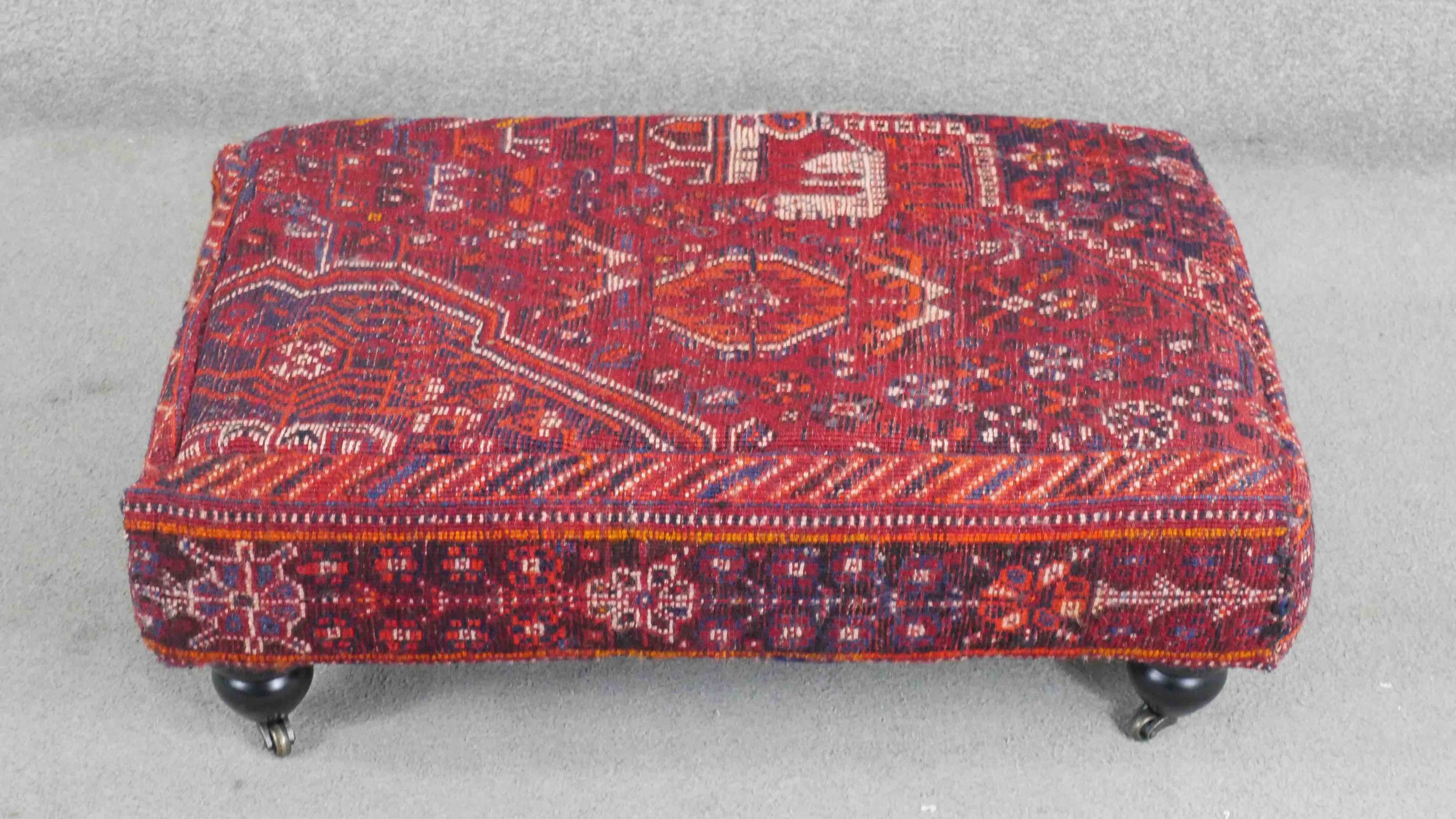 A contemporary rectangular footstool, upholstered in an antique kilim, on turned bulbous legs with - Image 7 of 10