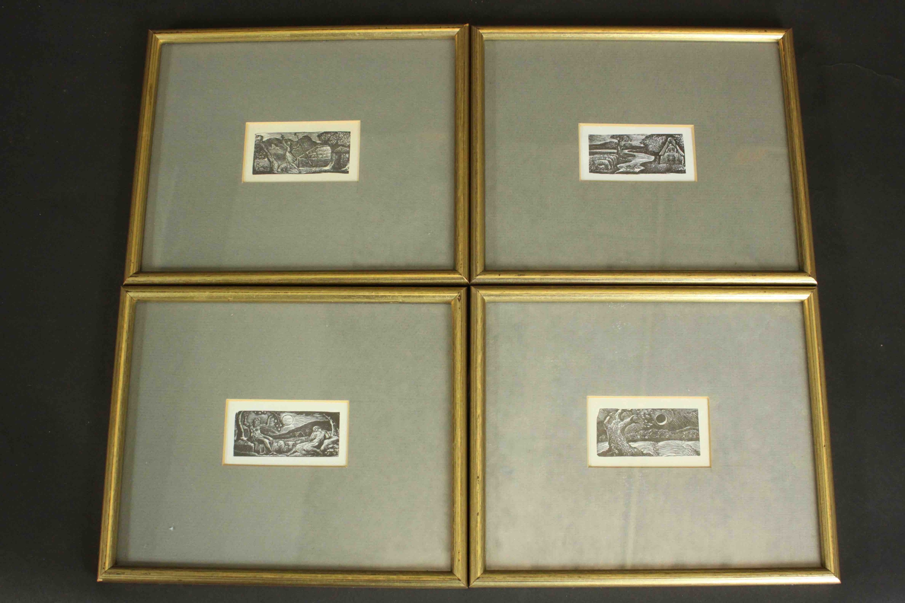 A set of four framed and glazed woodblock prints of various scenes, unsigned. H.21 W.25cm. (each)