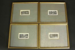 A set of four framed and glazed woodblock prints of various scenes, unsigned. H.21 W.25cm. (each)