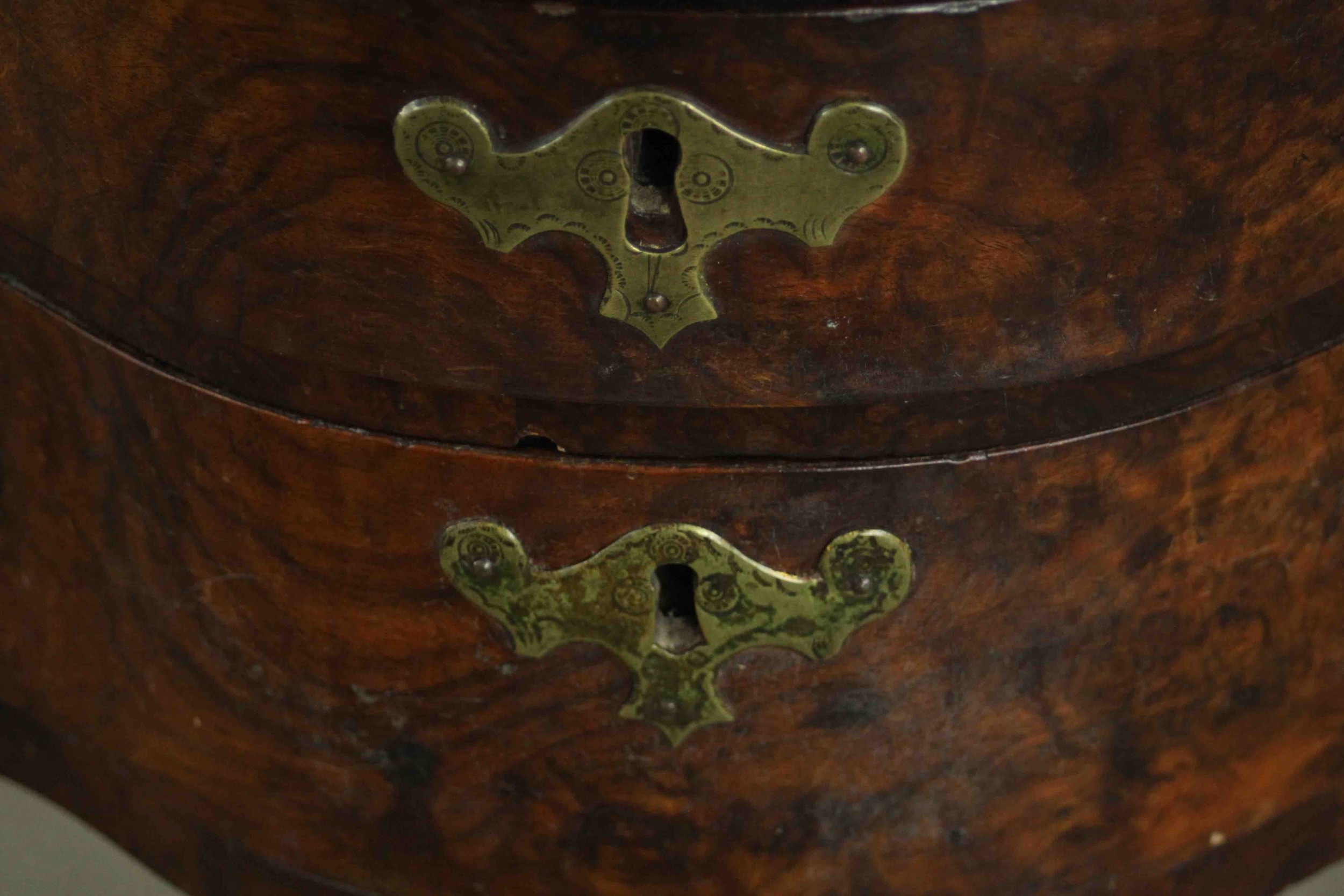 An early 18th century figured walnut lowboy of serpentine form, the top with a moulded edge over two - Image 8 of 8