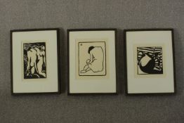 Horace Ascher Brodzky (1885 - 1969), Expulsion, Seated Nude and still life, lino cuts, numbered in