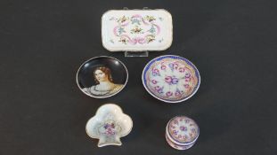 Five pieces of hand painted porcelain. An Italian hand painted trinket dish with a portrait of a