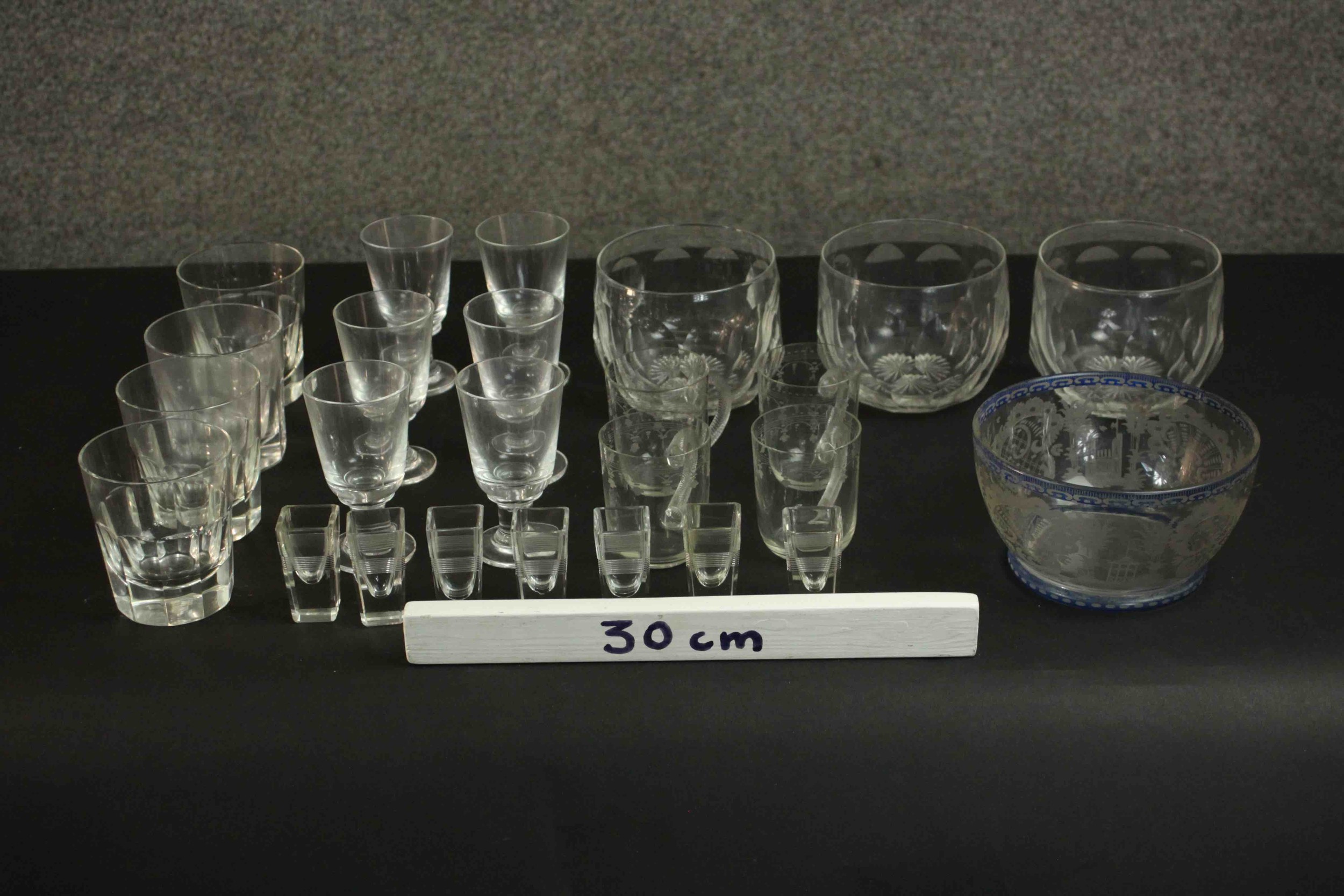 A collection of hand cut and engraved glass, including a Bohemian 19th century etched bowl, a set of - Image 2 of 10