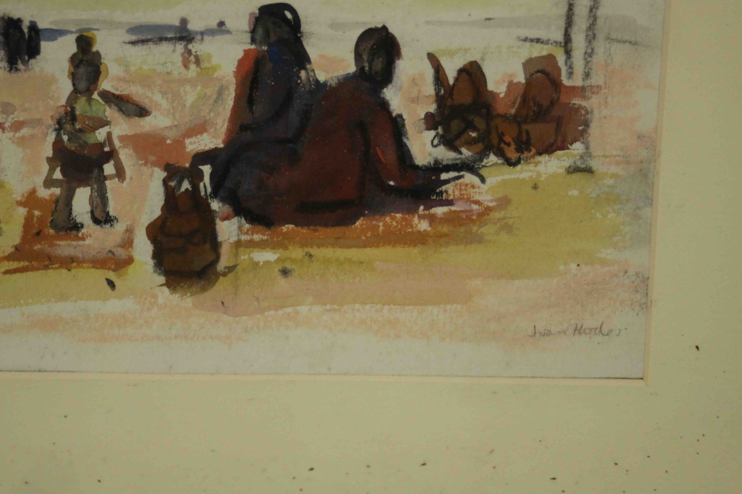 Joan Hodes (b.1925), Family on the Beach, watercolour and pastel, signed and labels verso. H.56 W. - Image 3 of 7