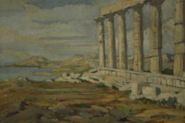 19th century school Classical Temple Ruin, oil on canvas. (small hole to canvas) H.48 W.66cm.