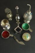 A collection of Indian an Oriental items, including two rose water sprinklers, three silver plated
