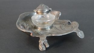 A WMF Art Nouveau silver plated butterfly design inkwell, the stand of undulating organic form,