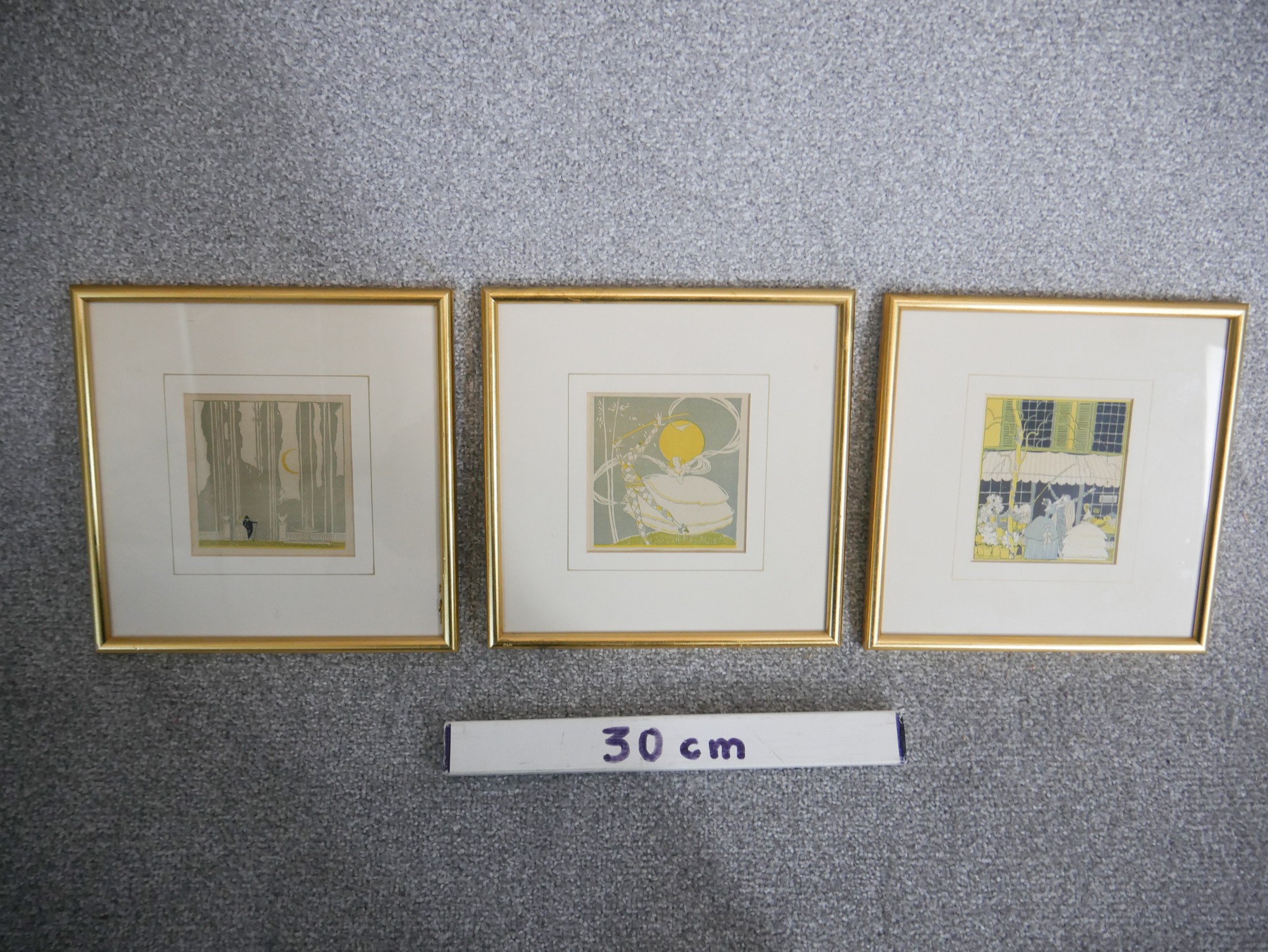 Three framed and glazed vintage woodblock prints, one of a couple in the woods, people outside a - Image 2 of 5