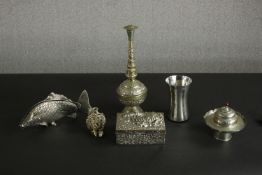 A collection of silver and silver plated items, including an Indian rose water sprinkler, a Japanese
