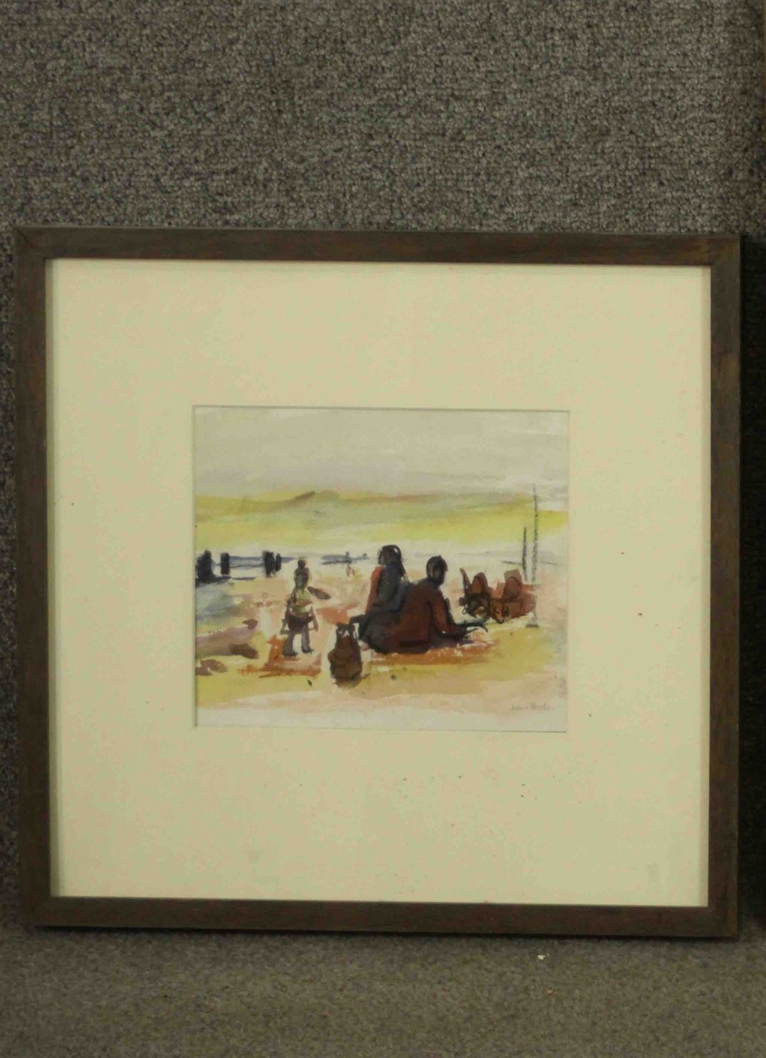 Joan Hodes (b.1925), Family on the Beach, watercolour and pastel, signed and labels verso. H.56 W. - Image 2 of 7