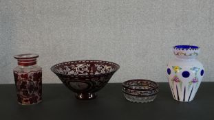 Four Bohemian glass items, comprising a vase and two bowls with ruby flash decoration, and a blue