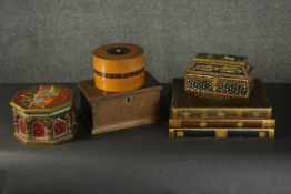 A collection of five painted and gilded boxes, three Indian with hand painted designs and a
