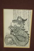 Ivan Ripley (1939 - 2008), pen drawing of a dragon, signed and inscription to reverse. H.24 W.19cm