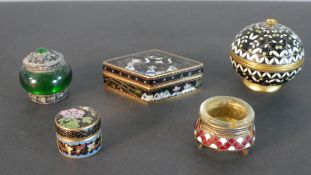 A collection of enamelled items, including a Russian Iommet silver enamelled salt with red and white