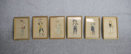 A set of six had coloured prints of theatre characters in costume, each named. H.30 W.20cm