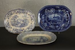 Three 19th century transferware design platters. A Ralph Hall, Staffordshire blue and white platter,
