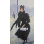 After Jean Beraud, Parisienne Sur la Place de la Concorde, oil on board, framed with picture lamp,