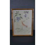 A bamboo form framed and glazed early 20th century Chinese watercolour of a ginger cat under