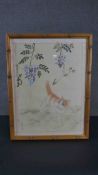 A bamboo form framed and glazed early 20th century Chinese watercolour of a ginger cat under