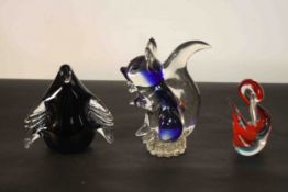 Three art glass animals, a squirrel, penguin and swan. H.18 W.13 D.5cm. (largest)