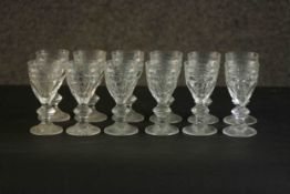 A set of twelve hand cut Baccarat crystal sherry glasses with laurel leaf design and star cut bases,