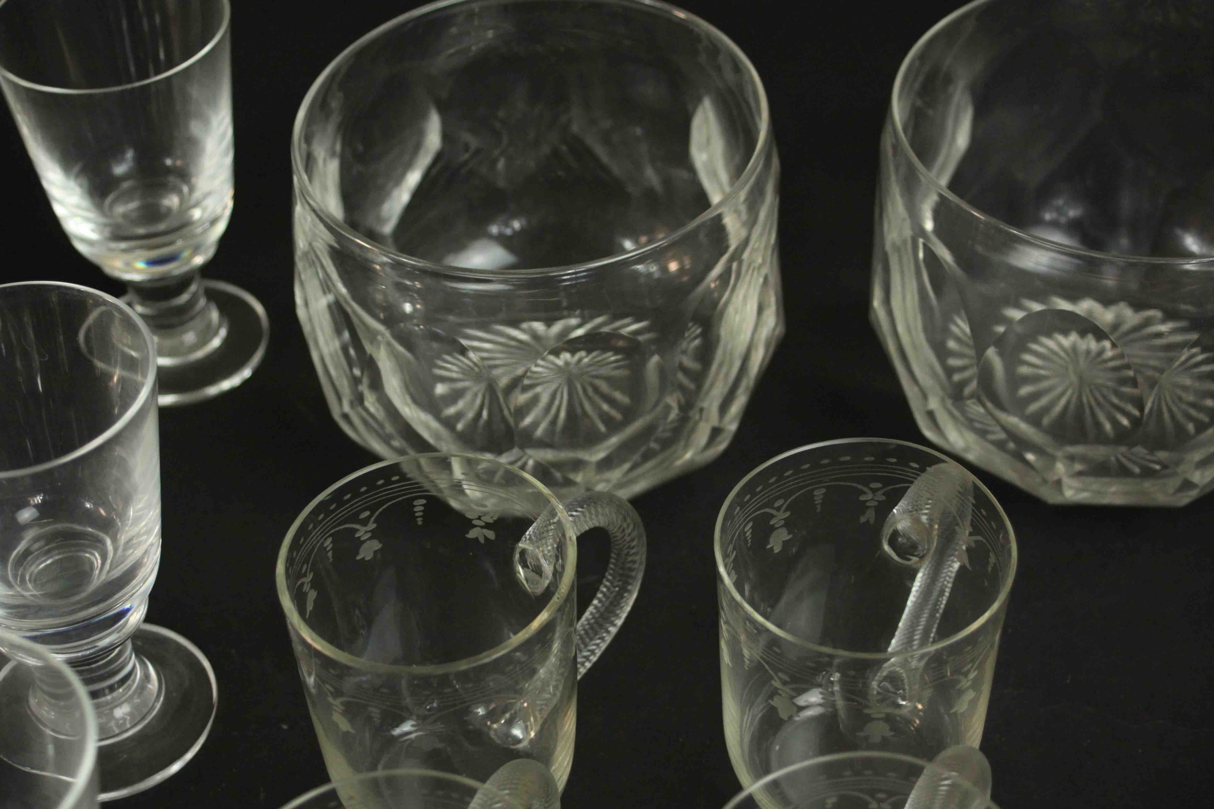 A collection of hand cut and engraved glass, including a Bohemian 19th century etched bowl, a set of - Image 4 of 10