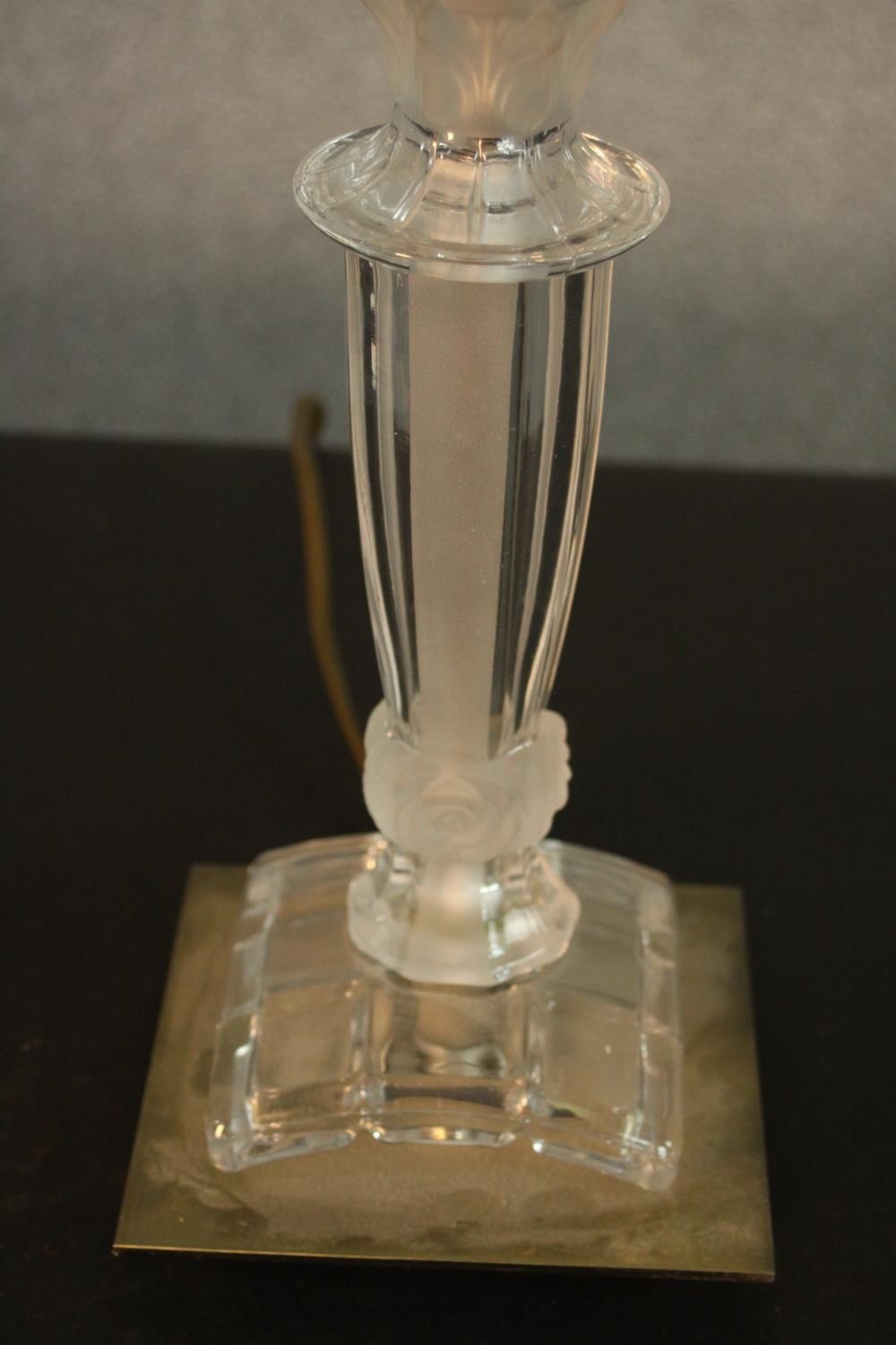 A glass table lamp with a holophane style shade, on a square base. H.45 Dia.28cm. - Image 4 of 6