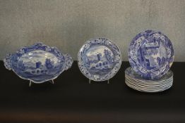 A group of Spode blue and white Lucano pattern transfer printed items, comprising a comport and