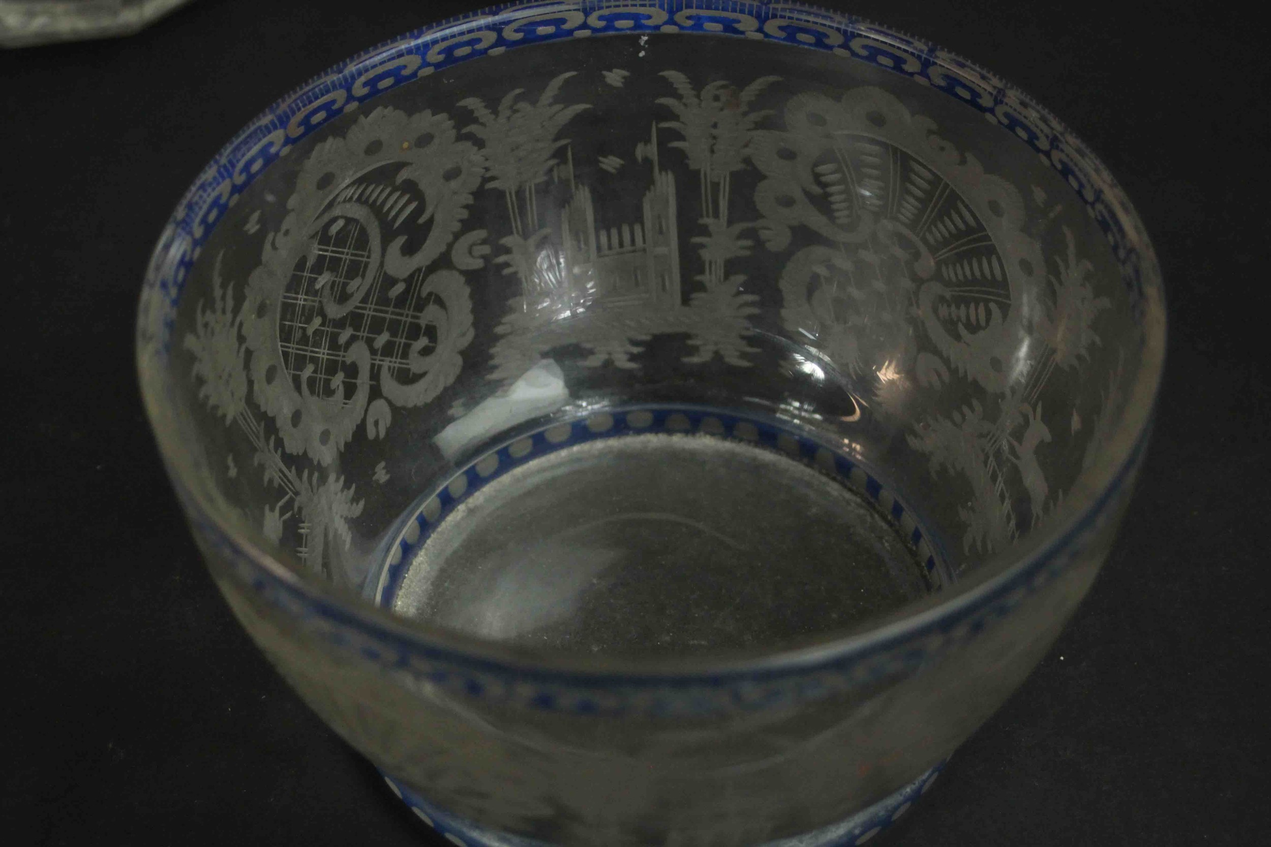 A collection of hand cut and engraved glass, including a Bohemian 19th century etched bowl, a set of - Image 5 of 10