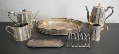 A collection of early 20th century silver plated ware, including a four piece engraved tea and