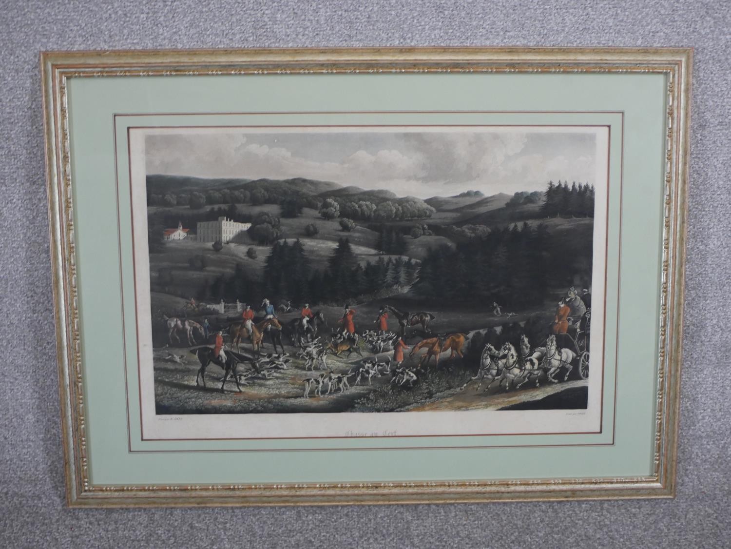 A 19th century hand coloured engraving of a hunting scene, Casse au cerf. H.54 W.72cm. - Image 2 of 6