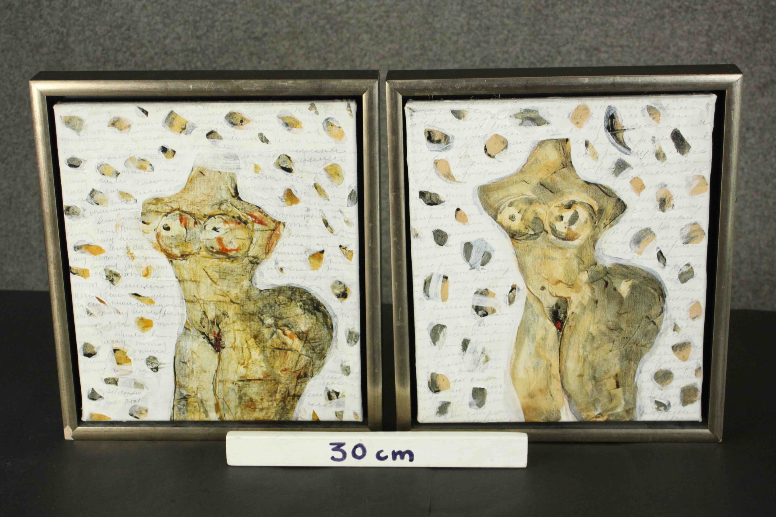 Two framed mixed media art works on canvas of nude torsos, indistinctly signed. H.39 W.34cm. (each) - Image 2 of 8