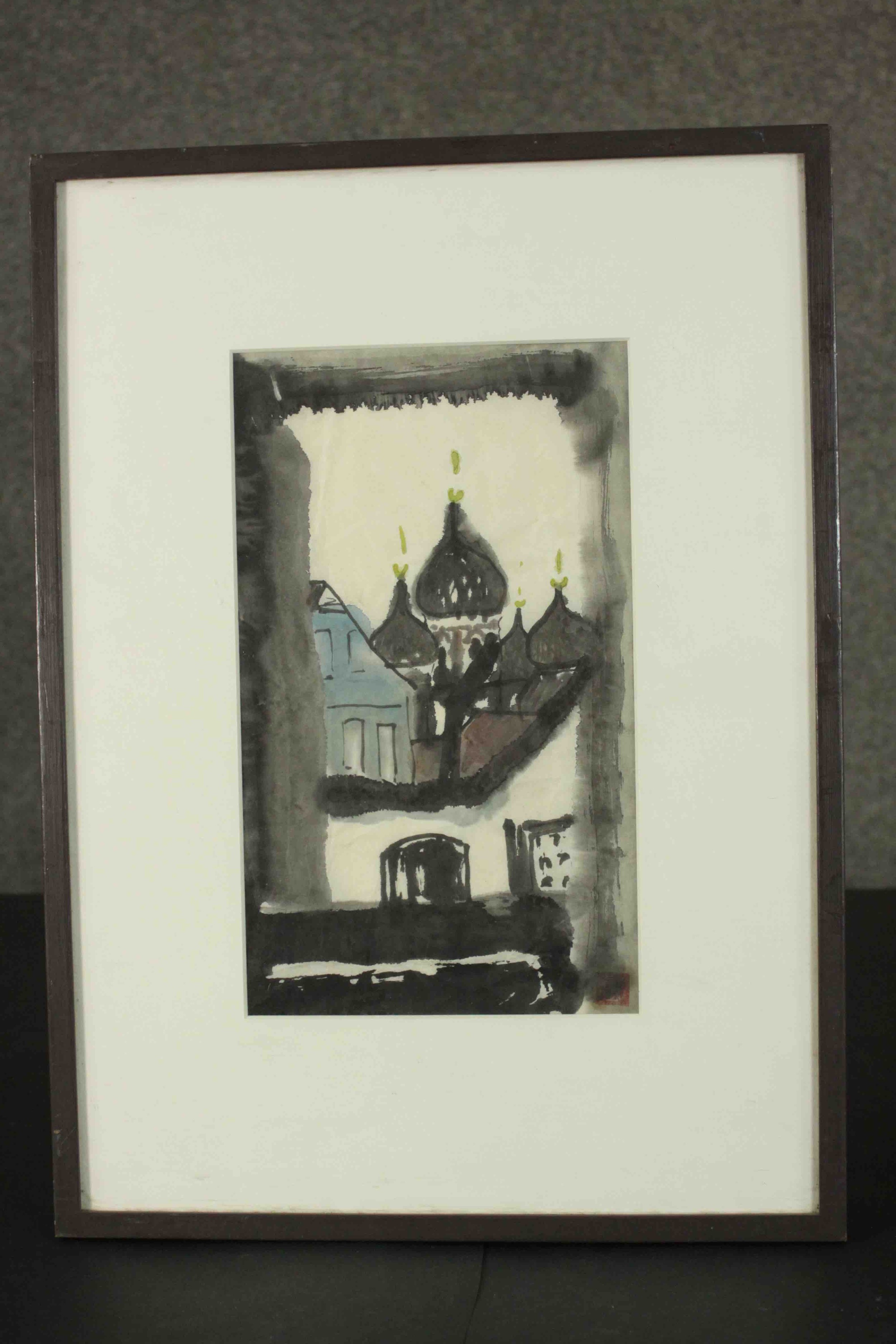 A framed and glazed watercolour of Russian rooftops, with red artist's seal. H.48 W.35cm. - Image 2 of 6