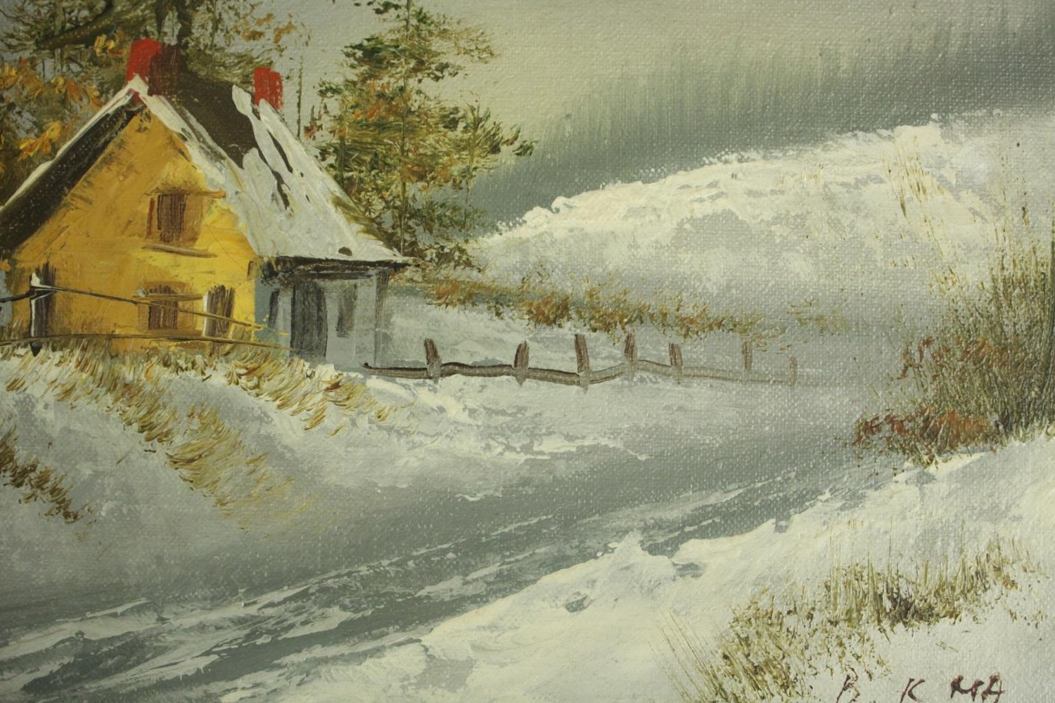 Dutch school, two winter landscapes Water Mill and Yellow House, oil on canvas, signed indistinctly. - Image 5 of 8