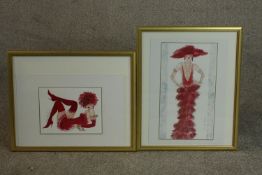 Lou De Vignac, Ladies in Red, two mixed media studies with glitter, signed. H.53 W.43cm. (each)