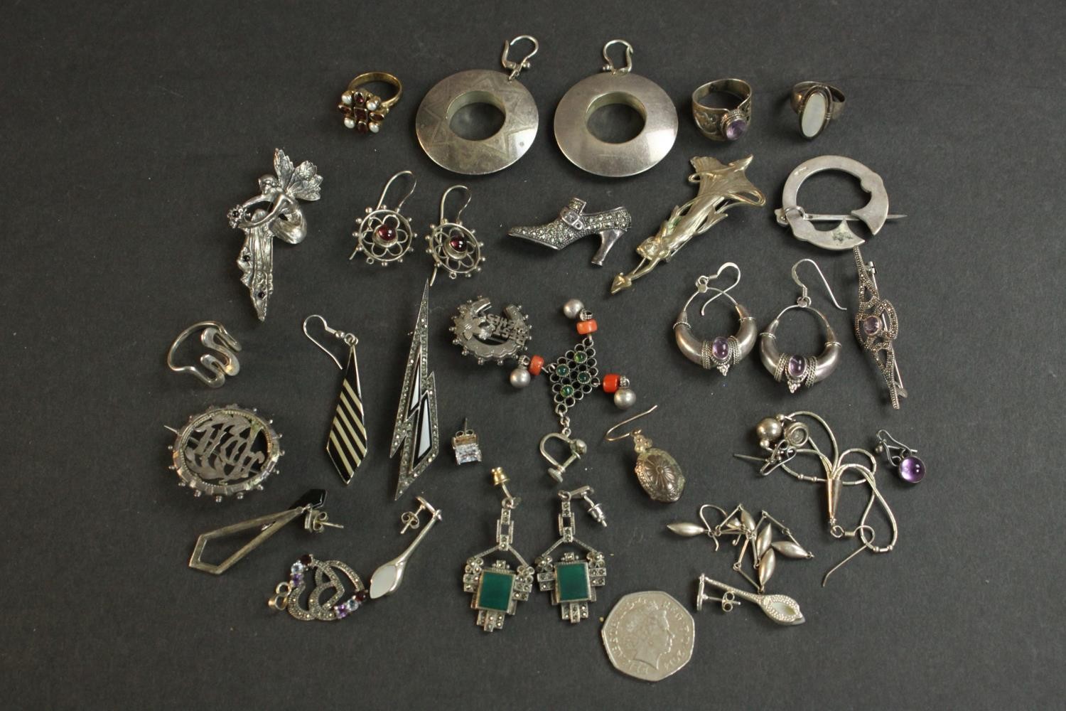 A large collection of silver and gemset jewellery, including amethyst and silver earrings, a pair of - Image 2 of 8