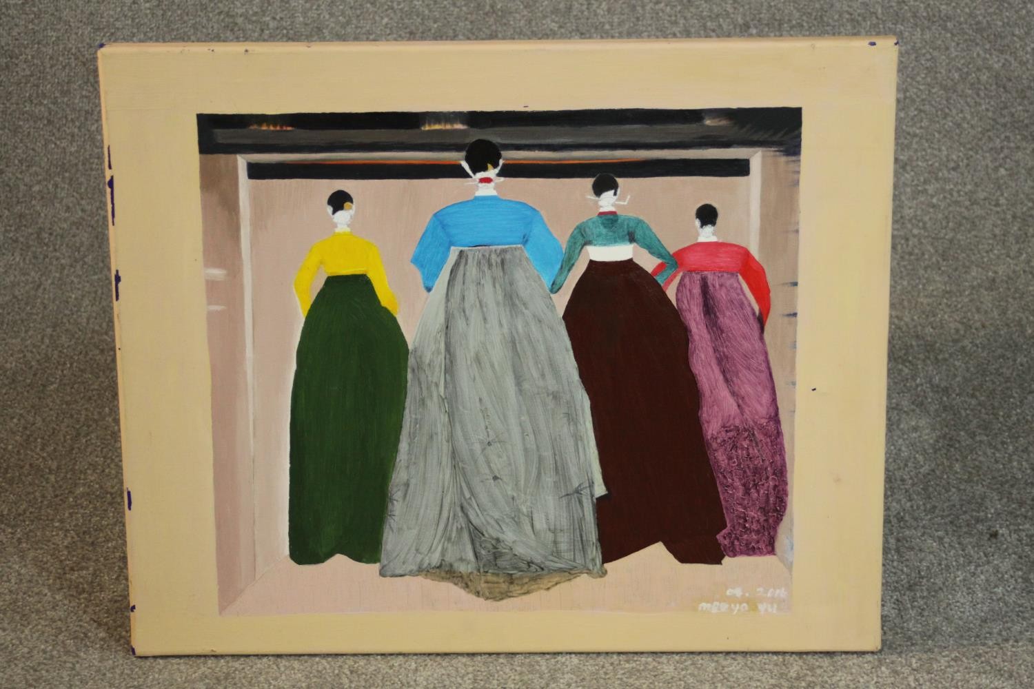 An oil on canvas of four Japanese ladies, indistinctly signed. H.50 W.60cm.