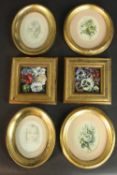 Four gilt oval framed prints of portraits and floral bouquets along with two gilt framed oils on