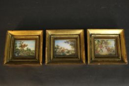 Three gilt framed 19th century miniature oils on glass of Continental landscapes with farm animals