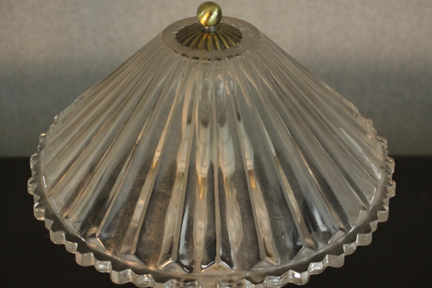A glass table lamp with a holophane style shade, on a square base. H.45 Dia.28cm. - Image 3 of 6