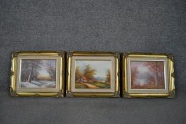 Three framed oils on canvas of landscapes, one of a snowy river scene signed N. Peter. One unsigned.
