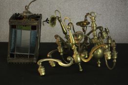 Two Victorian three branch brass chandeliers along with a stained glass and brass lantern. H.30 W.