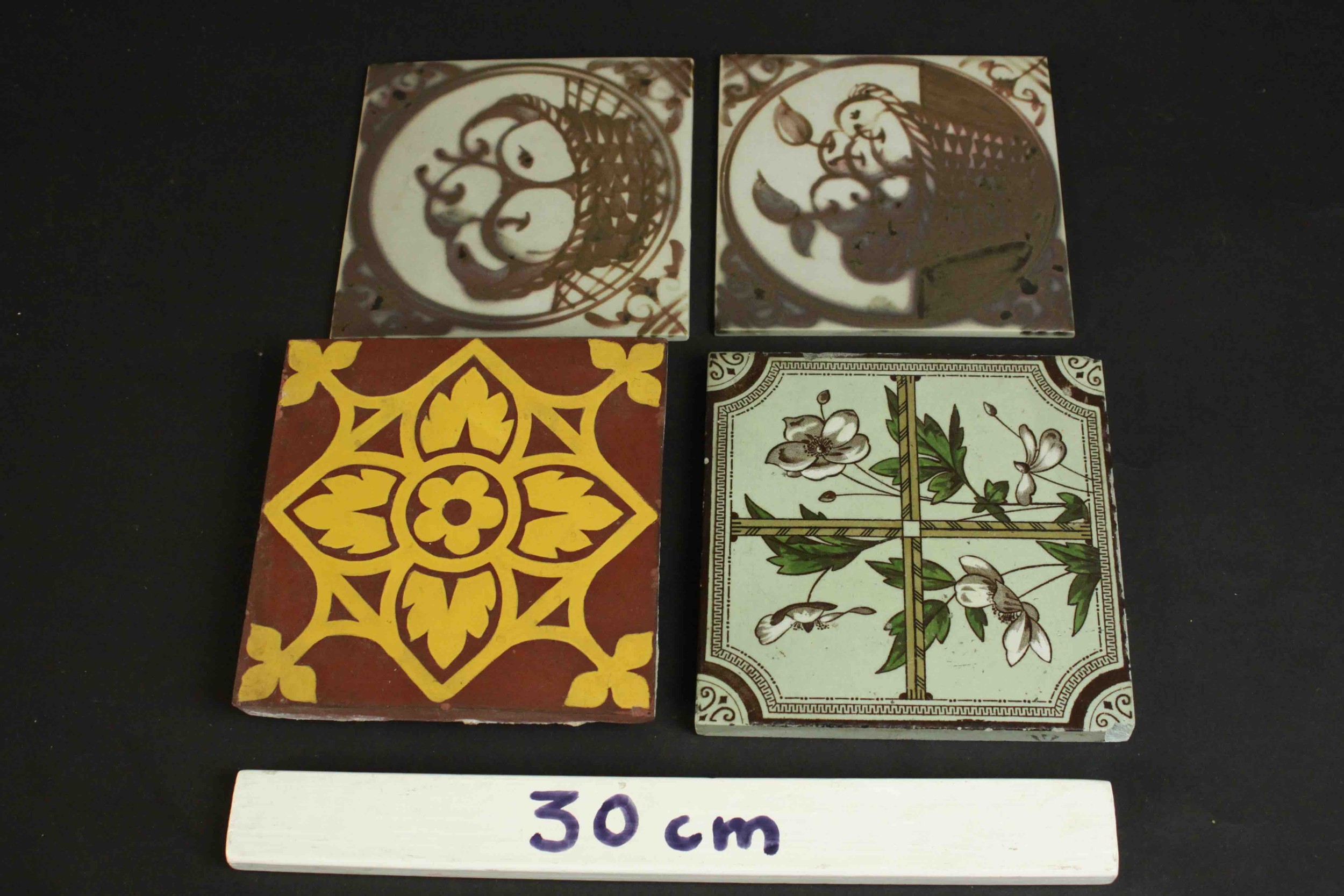 Four 19th century hand painted tiles, one by Minton, each with various designs. L.15 W.15cm. ( - Image 2 of 7
