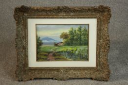A carved framed oil on canvas countryside mountain landscape, indistinctly signed. H.45 W.5cm.