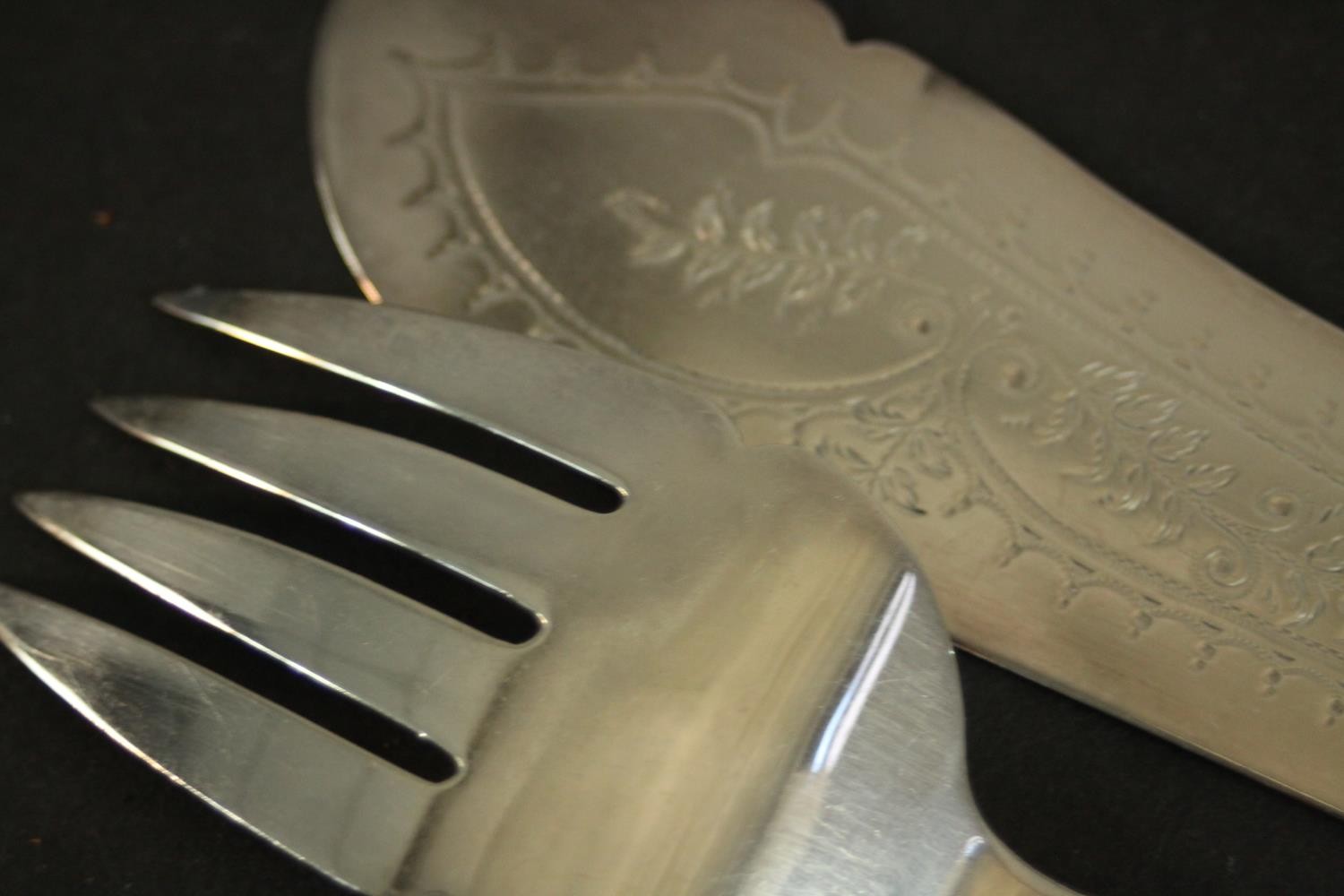 A Victorian engraved silver fish knife and fork serving set by Charles Boynton decorated with a - Image 6 of 6