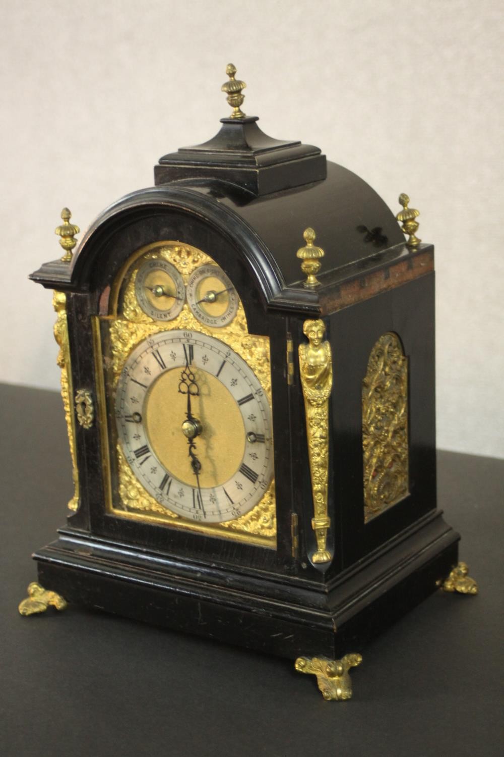 A late 19th Century George III style ebonised cased bracket clock, the arch dial incorporating a - Image 5 of 8