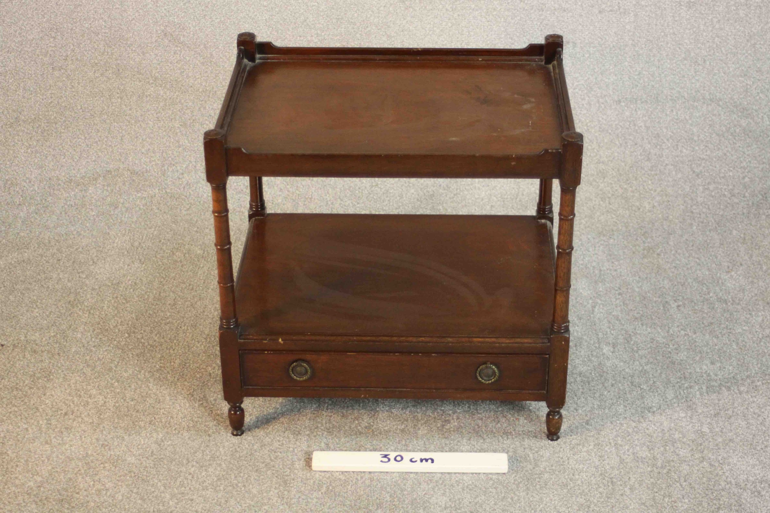 A George III style mahogany lamp table, of rectangular form with a gallery top on turned supports - Image 2 of 6