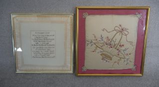 Two framed and glazed embroidered panels, a silk cushion cover with embroidered flower basket and