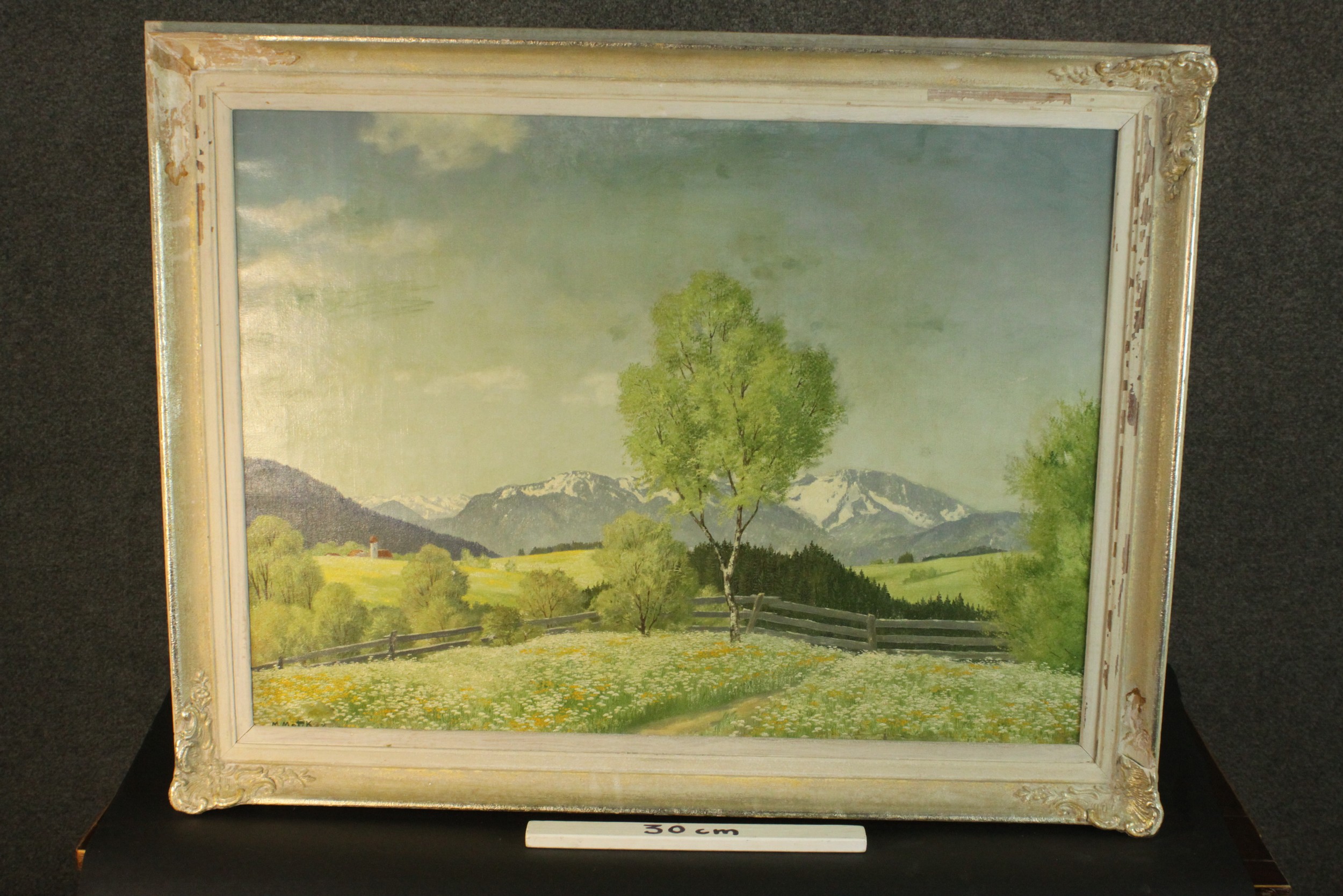An oil on canvas, landscape with mountains in the distance, in ornate frame, indistinctly signed. - Image 3 of 6