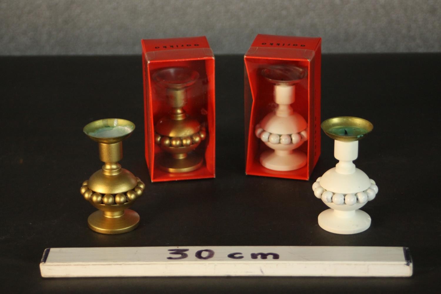 Two sets of Aarikka Finnish golden and white carved candlesticks with beaded detailing. One of - Image 2 of 6